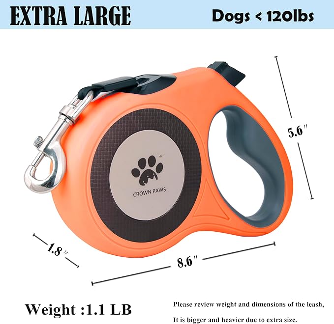 16 ft Retractable Dog Leash for Extra Large Dogs up to 130 lbs,Tangle-Free Nylon Tape,Orange Dan24 XL