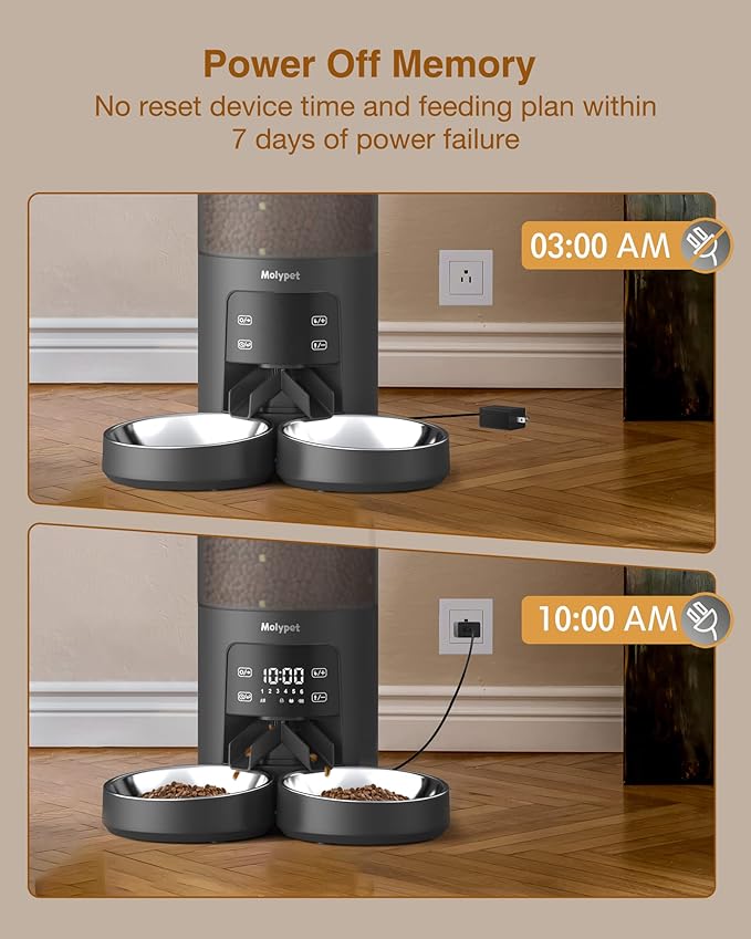 Automatic Cat Feeders for 2 Cats - 6L Food Dispenser with Double Bowls, Programmable Timed Feeder up to 6 Meals per Day with 10S Voice Recorder, Support Dual Power Supply
