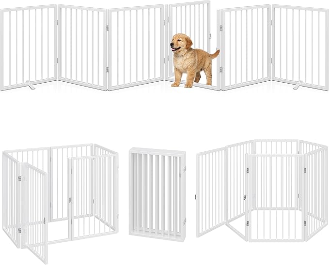 Vantas Folding No-Assembly Metal Pet Gate 120" Wide, 24" Extra Tall Dog Gate with Door Walk Through, Freestanding Accordion Puppy Gate Dog Door for Indoor & Outdoor, with 2PCS Support - White
