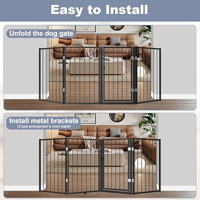 Free Standing Dog Gate with Door,80'' Extra Wide 32'' Tall Metal Dog Gates for Doorways, Foldable Pet Gate Fence Indoor & Outdoor for Stairs,Hallways,Decks,Porch,Yard (4 Panels,Black)