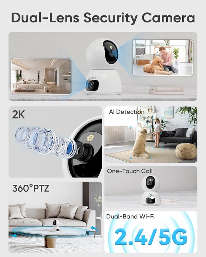 blurams 2K Dual-Lens Indoor Camera, 5G Pet Camera with Phone App, Split-Screen View, Free Human/Sound Detection, Motion Tracking, One-Touch Call, Night Vision, Dual-Band WiFi 6, Work with Alexa. 2Pack