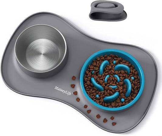 MateeyLife Dog Food Bowl Set 3 in 1, Basic Dog Bowls & Water Stainless Steel Bowl with Non-Spill Silicone Mat, Slow Feeder Bowls for Small, Medium, Large Breeds, Cat Feeding Dish to Anti-Choking
