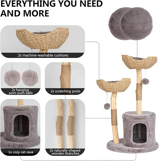 Modern Cat Tree for Indoor Cats Large Adult, 46" Tall Wooden Cat Tower for Large Cats with Scratching Post, Luxury Cat Condo, Grey