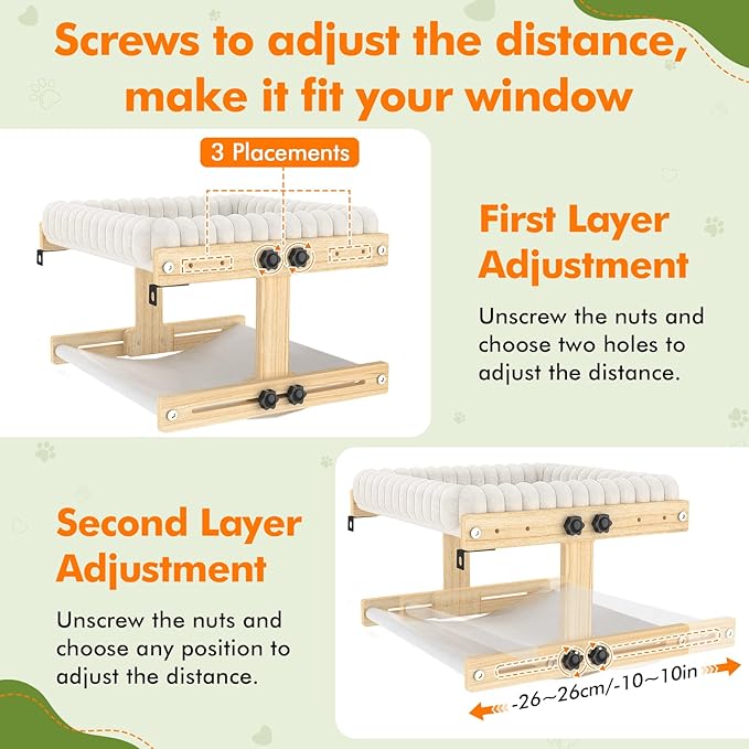 Cat Perch for Window XiaZ Cats Hammock Indoor Cat Bed for Window Wall Shelves Adjustable 50LB Bearing Wooden Frame W/Detachable Washable Cushion Perfect for Bird Watching Sunbathing Double Layer