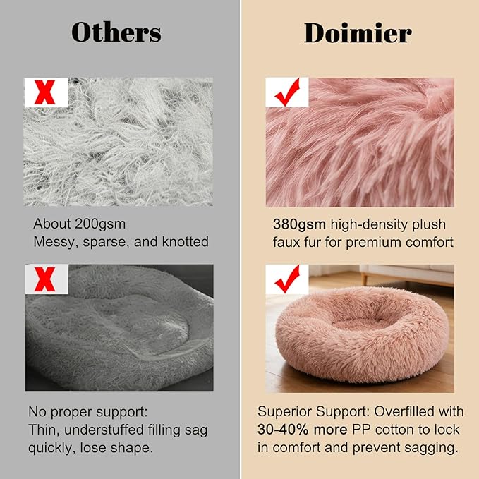 Calming Donut Dog Beds for Small Dogs Cats - Washable Removable Cover Non-Slip Bottom, Round Pet Bed Puppy Bed Warming Fluffy Faux Fur Anti-Anxiety, Fits up to 25 lbs (Blush, 23")