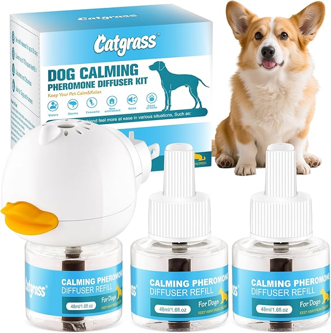 Dog Calming Pheromone Diffuser 4-In-1 Appeasing Pet Pheromone Calming Diffuser Kit (Plug in + 3 Pack 48ml Refill) for Anxiety Relief, Reduce Barking, Aggression & Stress, 90 Day Supply (Tasteless)