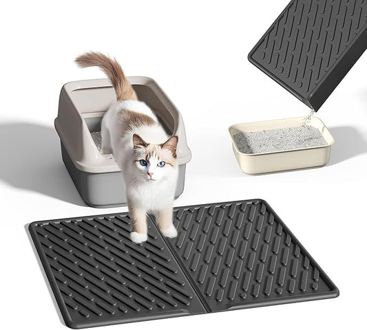 Pieviev Cat Litter Box Mat, 24"x 17" EVA Scratch Resistant Litter Trapping Mat, Easy Clean for Scatter Control, Soft on Kitty Paws, Waterproof & Urine Proof for Indoor Use, Black
