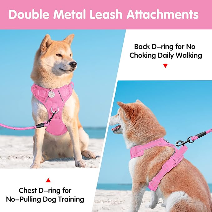 PoyPet No Pull Dog Harness and 5 Feet Leash Set, Release on Neck Reflective Adjustable Pet Vest, Front & Back 2 D-Ring and Soft Padded Pet Harness with Handle for Small to Large Dogs(Pink,M)