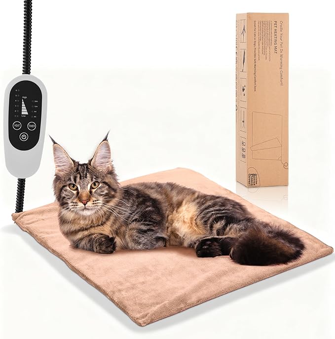 Annchwool Pet Heating Pad for Puppy Cat Dog-17.7 x 15.7in-6 Adjustable Temperature & 5 Timer-Waterproof Cat Dog Heating Pad with Chew-Resistant Cord-Heated Pad for Indoor Pets,Older,Pain Relief(Brown)