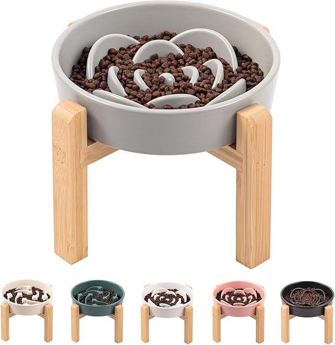 Grey Ceramic Slow Feeder Dog Bowl for Medium and Large Breed,Elevated/Raised 1.5 Cup 8.26 in Slow Feeding Bowl,Puzzle Dog Food Bowl for Fast Eater,Maze Dish for Fast Eater