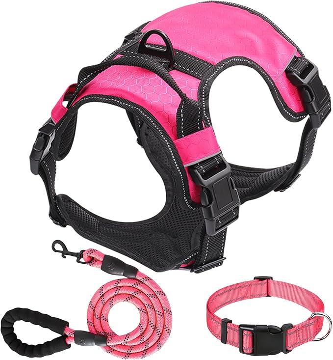 Dog Harness Set, No Pull Dog Vest Harness and 5ft Leash & Collar for Small Medium Sized Large Dog Cat,Adjustable Soft Nylon Padded Dog Vest Reflective Front Clip Vest with Easy Handle -Pink M