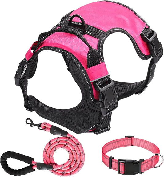 Dog Harness Set, No Pull Dog Vest Harness and 5ft Leash & Collar for Small Medium Sized Large Dog Cat,Adjustable Soft Nylon Padded Dog Vest Reflective Front Clip Vest with Easy Handle -Pink M