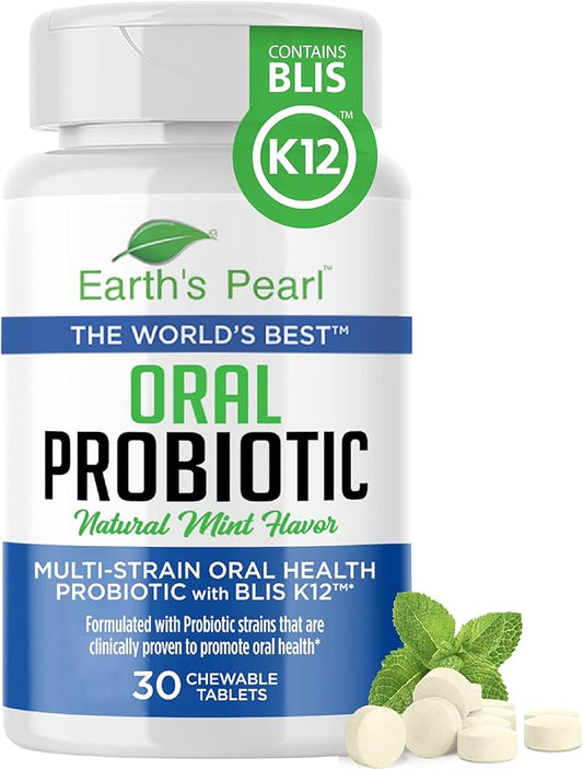 Earth's Pearl Dental Probiotic with BLIS K12 - Oral Probiotics for Oral Health with Mint Flavor - 30-Day Supply of Dental Probiotics for Bad Breath and Dental Health - Children and Adult Oral Care