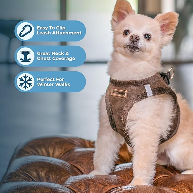 Best Pet Supplies - All Weather Mesh/Plush, Reflective, No Pull Harness for Small, Medium Dogs, Cats - Secure with Hook & Loop Fastener, Buckle, Double D-Rings - Chocolate Suede, XS