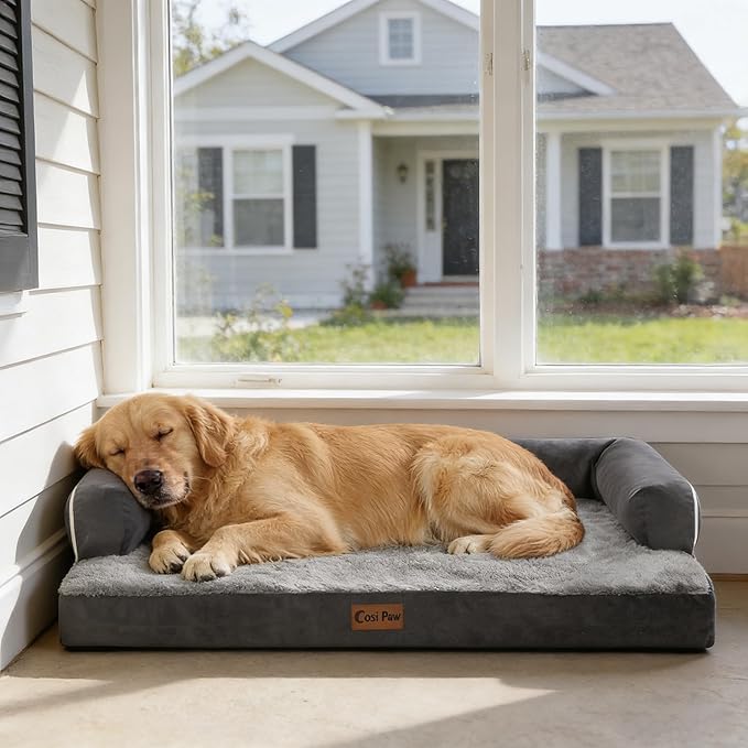 Orthopedic Dog Beds for Large Sized Dogs, Waterproof Egg Crate Foam Large Dog Couch Beds with Comfy Bolster 36x27Inch, Washable Pet Beds with Removable Cover and Nonskid Bottom, Dark Grey