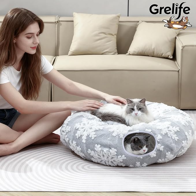 Grelife Cat Tunnel Bed for Indoor Cats, Large Cat Tunnel Christmas Tree Skirt, Cat Donut Tunnel Toys with Warm Plush, Non-Slip Base, Removable Cushion, Perfect for Cats, Kittens, Small Pets(33.4")