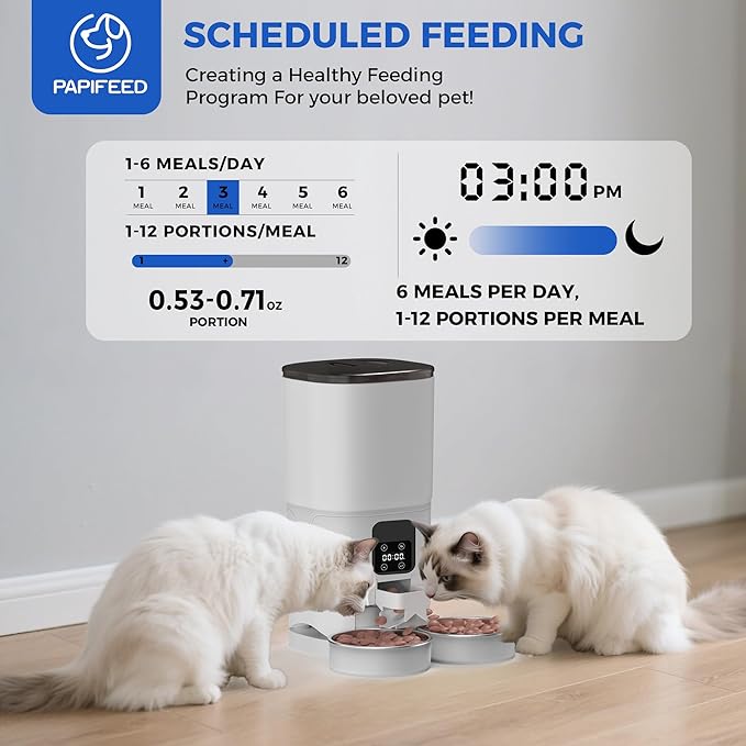 PAPIFEED Automatic Cat Feeder for 2 Cats, 7L Large Capacity Food Dispenser for Multiple Pets, Timed Cat Feeder for Dry Food, Detachable for Easy Cleaning, Up to 12 Portions 6 Meals Per Day - White