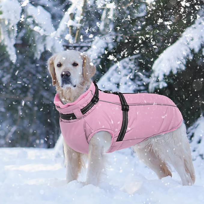 Lelepet Warm Dog Winter Coat Waterproof Dog Jacket with Harness Built in, Reflective Windproof Fleece Jacket, Dogs Coats for Medium Dogs, Thermal Turtleneck Pet Snowsuit for Outdoor, Schnauzer, Pink M
