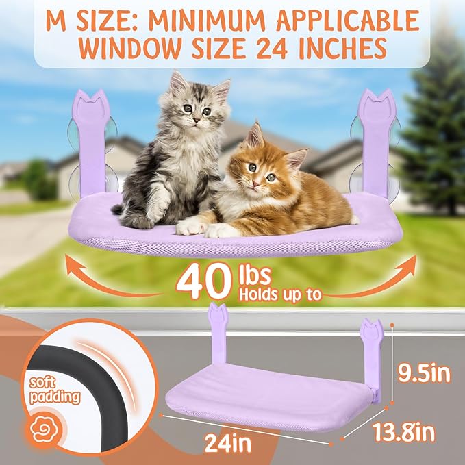 2 Pack Cat Window Perch,Cat Window Hammock Cordless Foldable Window Bed with 4 Large Strong Suction Cup,Reversible Cushion Cover,Metal Frame Easy to Adjust Window Seat Holds up to 40lbs(Purple，M)