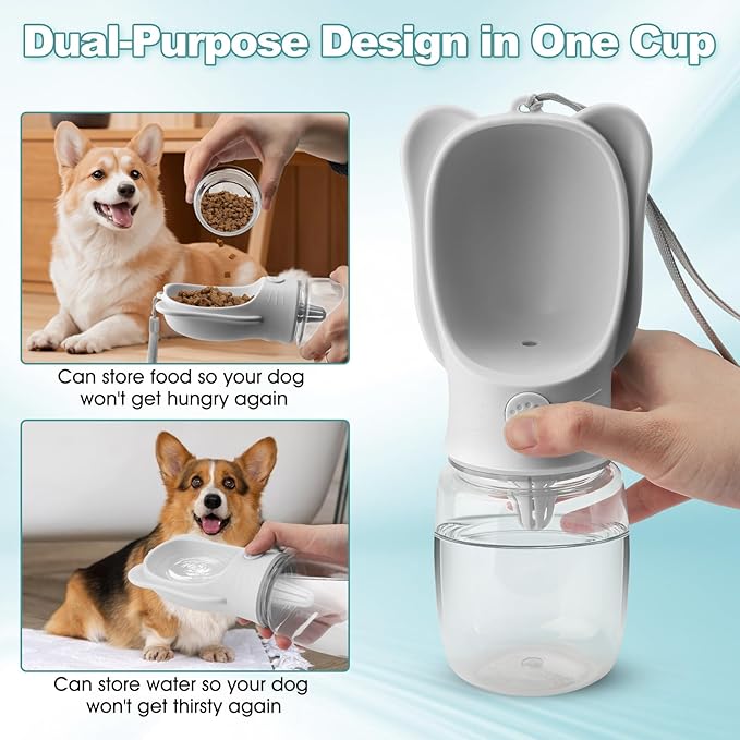 Portable Dogs Water Bottle with Food Storage Container, Leakproof Drinking Water Dispenser Feeder for Outdoor Dog Stuff Accessories Items for Cats, Puppy,for Walking, Hiking (White, 350ml)
