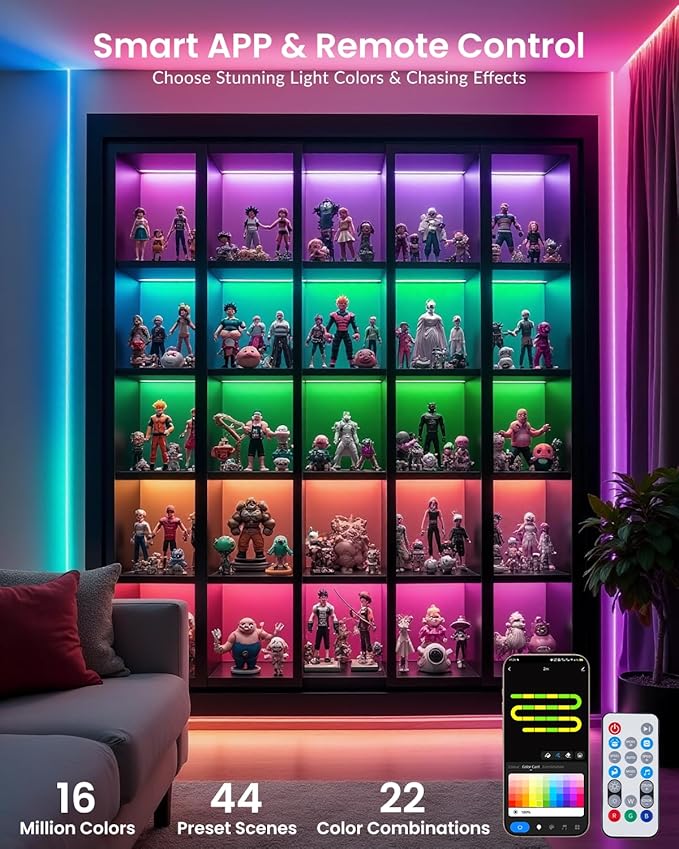 Pak LED Lights for Bedroom, 32.8ft(2 Rolls of 16.4ft) Smart RGB+IC LED Strip Lights with App/Remote Control, Music Sync Color Changing Flexible LED Lights with 64 Scene Modes for Party, Home, Gaming