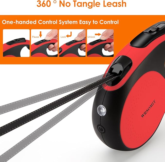 Retractable Dog Leash with Chew Proof Cable and LED Flashlight, 16Ft Heavy Duty Dog Leash for Medium Large Dogs up to 110lbs, 360° No Tangle (Red+16ft+LED)