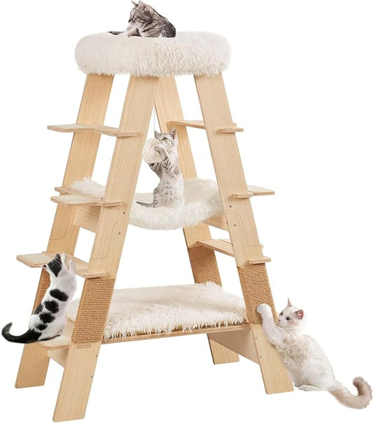 unipaws Pyramid Cat Tree, 5-Level Wooden Cat Ladder, Sturdy Tall Cat Climbing Tower with Cozy Hammock for Kittens and Indoor Cats