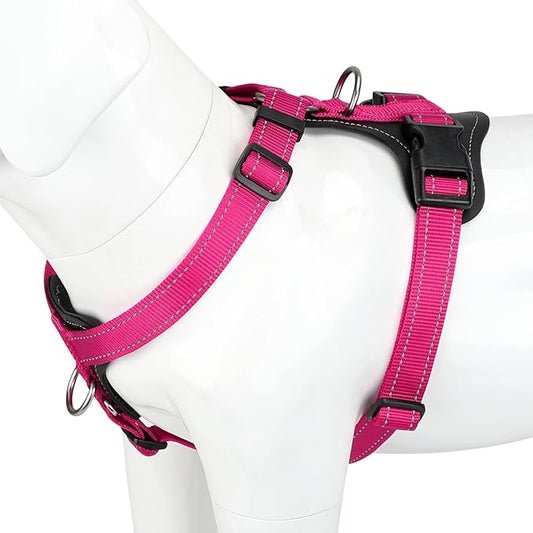 Plutus Pet Adjustable No Pull Dog Harness with Leather Accents, Heavy Duty Reflective Nylon Vest for Training, Hiking, Easy Walk Harness for Small, Medium, Large Dogs (Hot Pink, M)
