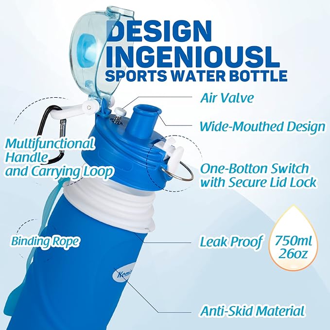 Kemier Collapsible Silicone Water Bottles-750ML,Medical Grade,BPA Free Travel Water Bottle Can Roll Up,26oz,Leak Proof Foldable Sports & Outdoor Water Bottles