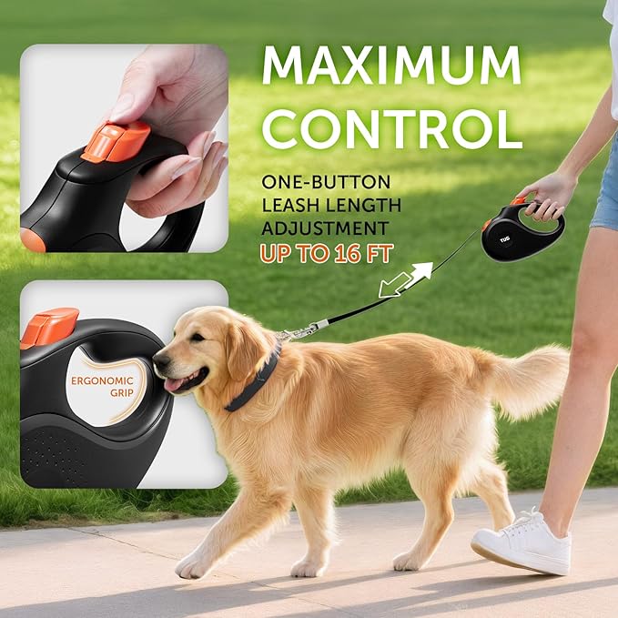 TUG 360° Tangle-Free Retractable Dog Leash | 16 ft Strong Nylon Tape (Medium, Black/Orange)