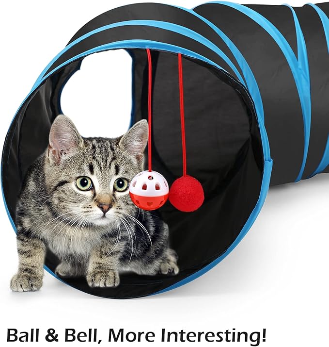 Pawaboo Cat Toys, Cat Tunnel Tube S-Shaped Tunnels 25x97cm Extensible Collapsible Cats Play Tent Interactive Toy Maze Cats House with Balls and Bells for Kitten Kitty Rabbit Small Animal, Blue
