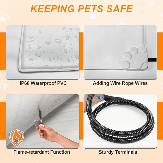 Cat Heating Pad 18×18 in Dog Heated Bed Smart Temperature Control Switch, Metal Protective Pipe Waterproof Cat Beds for Indoor Cats with a Plush Cotton Cover