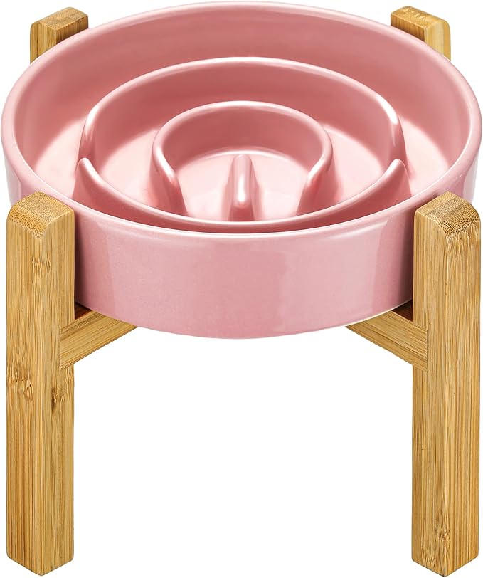 Ceramic Slow Feeder Dog Bowls Elevated, 2.0 Cups Slow Feeder for Medium and Large Dogs, Puzzle Maze Bowl to Slow Down Eating, 30oz, 8in, Pink