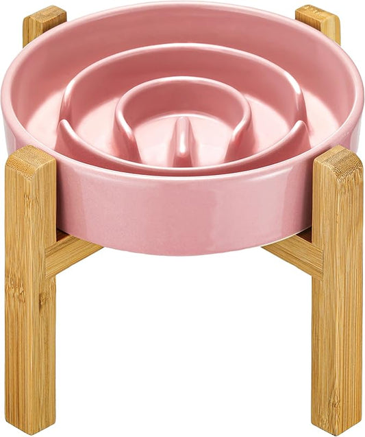 Ceramic Slow Feeder Dog Bowls Elevated, 2.0 Cups Slow Feeder for Medium and Large Dogs, Puzzle Maze Bowl to Slow Down Eating, 30oz, 8in, Pink