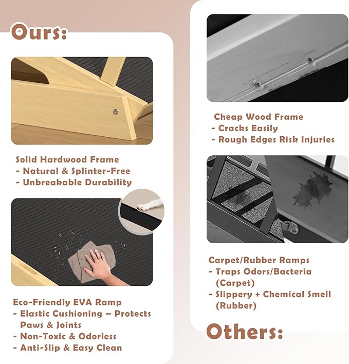 65" Foldable Dog Ramp for Bed, 6 Level（13"-32"） Heavy Duty Adjustable Dog Ramp for Car Pet Ramp with EVA Non-Slip Surface, Rest Platform & Glow Strips for Large Dogs up to 200Lbs (Wood Color)