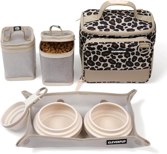 Small 7-Piece Bistro Box Dog Food Travel Kit, 6-Cup Kibble Storage, 2 Silicone Bowls, Mat & Scoop - Premium Portable Pet Food Kit for Weekends, Overnights, Daycare & Camping, Leopard