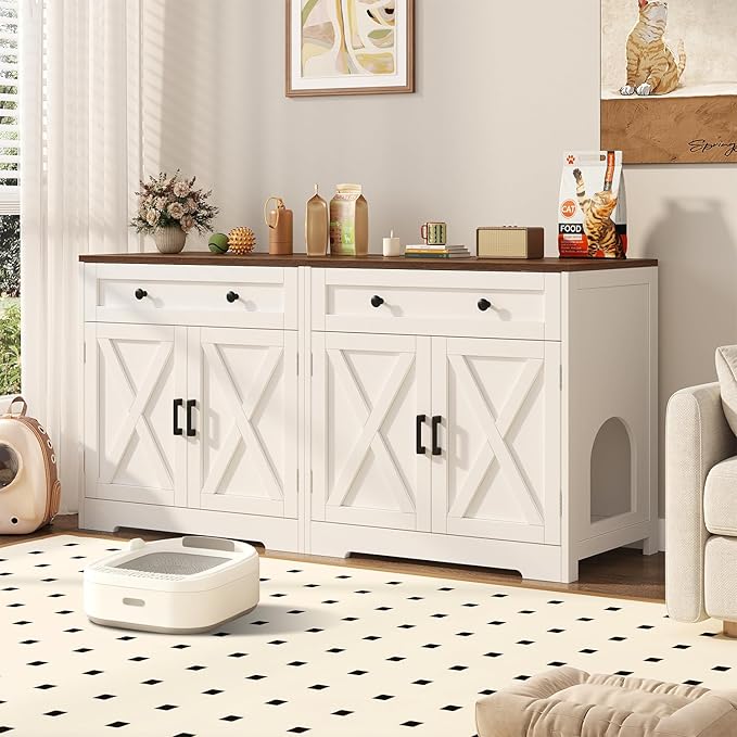 Cat Litter Box Enclosure with Storage Drawers, Hidden Litter Box Wooden Furniture, Modern Farmhouse Indoor Cat House and Multi Functional Side Table, White