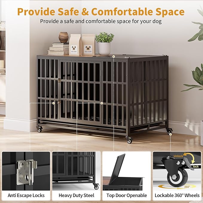 49" Heavy Duty Dog Crate Furniture, Wooden Dog Crates for Large and Medium Dogs, Dog Kennel Indoor with Removable Tray, Decorative Pet House End Table, Brown (49" L x 30" W x 35" H)