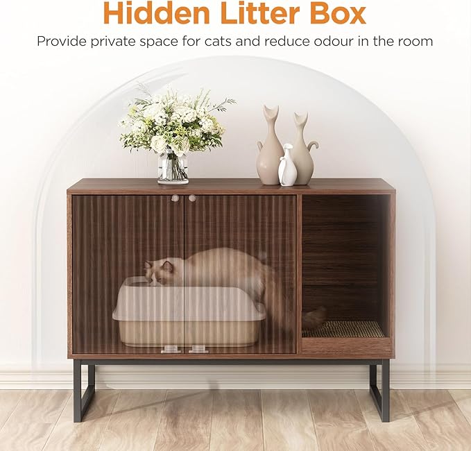 Cat Litter Box Enclosure, Fluted Hidden Litter Box Furniture with Scratch Pad and Metal Legs, Modern Enclosed Cat Cabinet, 31.5 x 17.7 x 21.7 Inches Indoor Pet House for Living Room, Washroom, Walnut