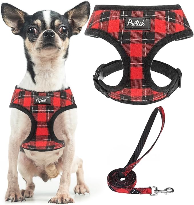 PUPTECK Soft Mesh Dog Harness and Leash Set Pet Puppy Cat Comfort Padded Vest No Pull Harnesses, Red&Black, XS