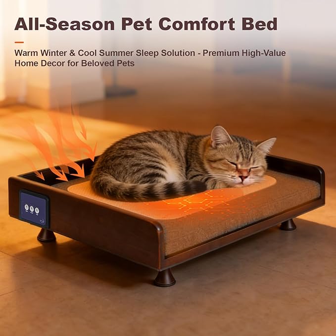feyoopet Smart Pet Bed with Heating, Ventilation & Ambient Light - Solid Wood Frame, 3 Modes, All-Season Comfort for Cats & Dogs