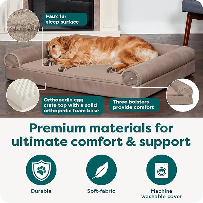 Furhaven Orthopedic Dog Bed for Large Dogs w/ Removable Bolsters & Washable Cover, For Dogs Up to 95 lbs - Luxe Faux Fur & Performance Linen Sofa - Woodsmoke, Jumbo/XL