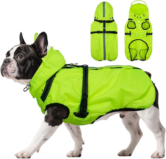 Dog Raincoats for Large Dogs with Hood, Waterproof Dog Rain Coat with Adjustable Built-in Harness & Back Zipper, Reflective Strip, for Rainy Walks, Muddy Roads - Fluorescent Green L