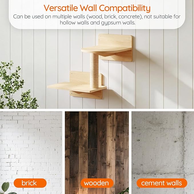 HOOBRO Cat Wall Shelves, Set of 2 Cat Wall Furniture, Wood Wall Mounted Cat Shelves with House, Steps, Scratching Posts and Perch, Space-Saving Shelves for Indoor Cats, Natural NL47CS03