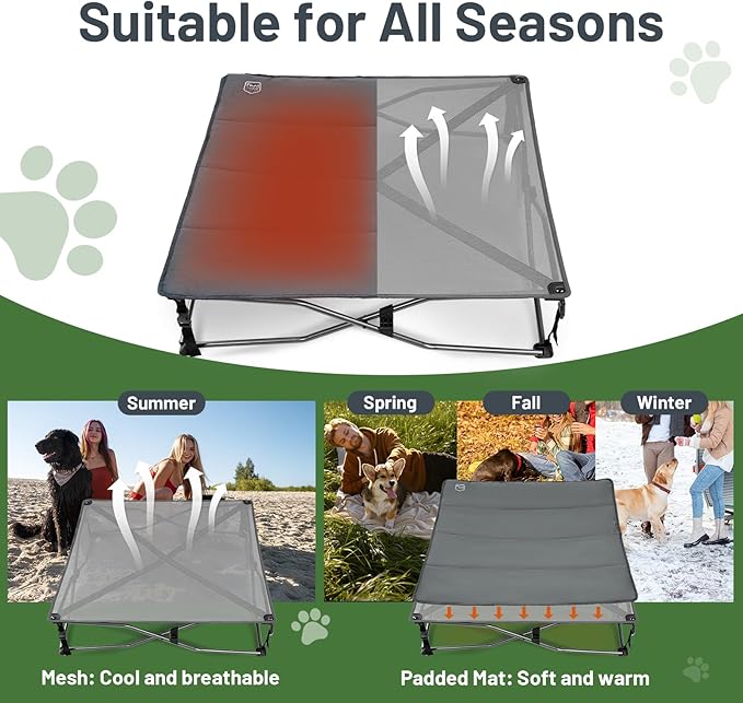 Timber Ridge Large Elevated Dog Bed, 3-in-1 Portable, Folding, and Raised with Removable Pad Mat, Cooling Design for Indoor and Outdoor Use, Grey