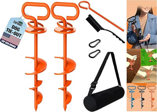 Eurmax USA Dog Tie Out Stake Triple Lock Heavy Duty Dog Anchor for Large Dogs Trampoline Stakes Dog for Yard and Outdoor Dog Runner Install & Travel Kit Included,2-Pack(Orange)