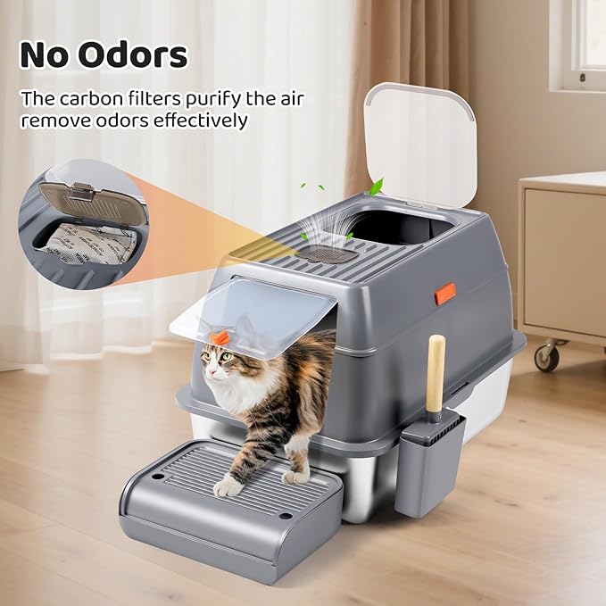 Stainless Steel Litter Box with Lid, XXL 23.6"L x 15.7"W x 15.7"H Enclosed High Sided Removable Metal Cat Litter Box with Top Entry, Scoop, Anti-Leakage, Non-Sticky, Easy Cleaning (Dark Grey)