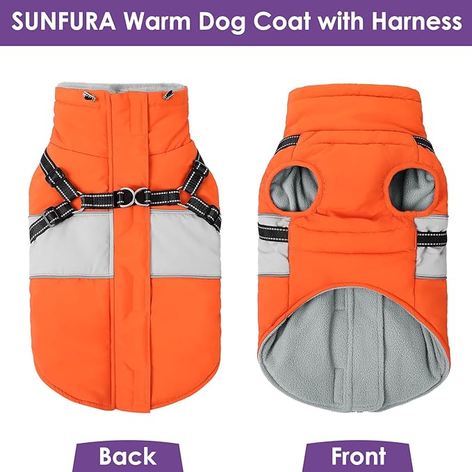 SUNFURA Dog Coat for Large Dogs, Warm Pet Jacket Winter with Harness Built in, Waterproof Pet Snow Jacket with Furry Collar, Reflective Fleece Snowsuit for Extra Large Dogs, Orange XL