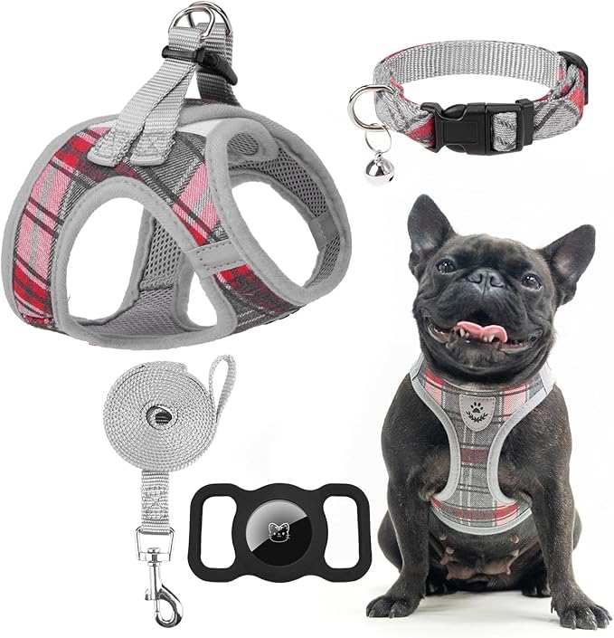 EXPAWLORER Classic Plaid Puppy Harness - Small Dog Harness and Leash Set - Dog Collar and Leash Set with AirTag Holder, Soft Padded Step in Dog Vest Harness No Pull Reflective for Outdoor, Grey XS