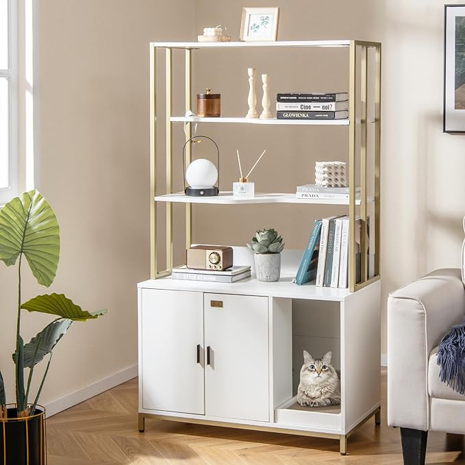 PETSITE Cat Litter Box Furniture with 3 Shelves and Doors, 61 inch Tall Cat Box Enclosure with Display Shelves, Scratching Pad, Indoor Hidden Litter Box with Decorative Storage Shelving (White)